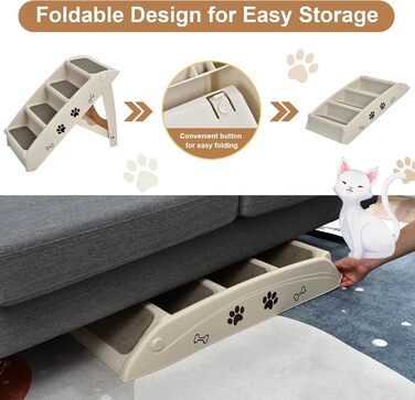 Сходинка для тварин SOARS, 4-ступенева, для собак та котів, з килимком з повсті, до 60 кг, антиковзаюча, для ліжка, авто, дивана (Бежевий)
