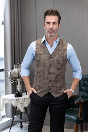 Оливковий костюм для чоловіків Olove-Uit: елегантний, в клітинку, з вовни та твіду, slim fit, для весілля (колір: коричневий, розмір: M)