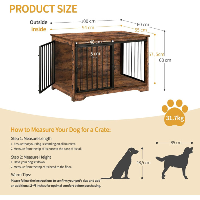 Клітка для собак Hzuaneri, 100 см, з розсувними дверима, дерев'яна, для дому, 100 x 60 x 68 см, вінтажний колір