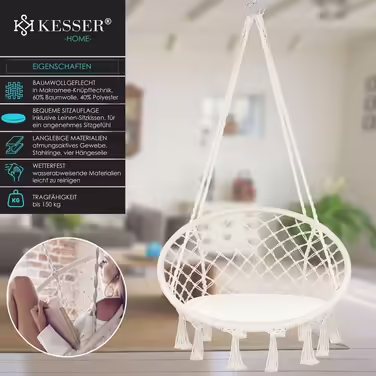 Підвісне крісло KESSER 150 кг, бежеве, з подушкою, сталеві кільця, плетене, з бахромою, для саду та дому, водовідштовхувальне