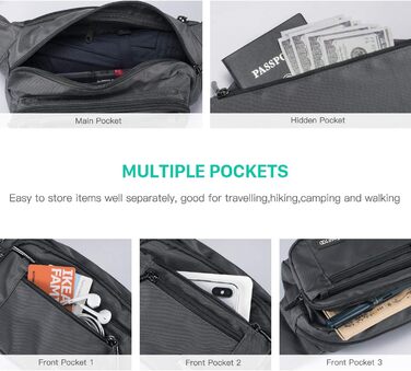 Поясна сумка FREETOO для чоловіків та жінок з 6 кишенями на блискавці – водонепроникна, для прогулянок з собаками, бігу, походів, подорожей та відпочинку (Сірий)