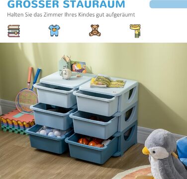 HOMCOM Kids' Storage Chest with Drawers, Toy Organizer, Toy Box, Three Tiers for Children's Room, 3-6 Years, Kids' Furniture, 37 x 37 x 56.5 cm (75L x 37W x 56.5H cm, Blue)