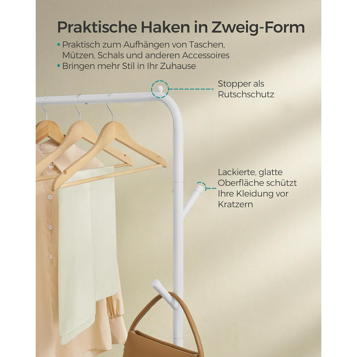 SONGMICS Вішалка для одягу на колесах, металева, біла, до 50 кг, 103,5 см, HSR131W01 Wolkenweiß