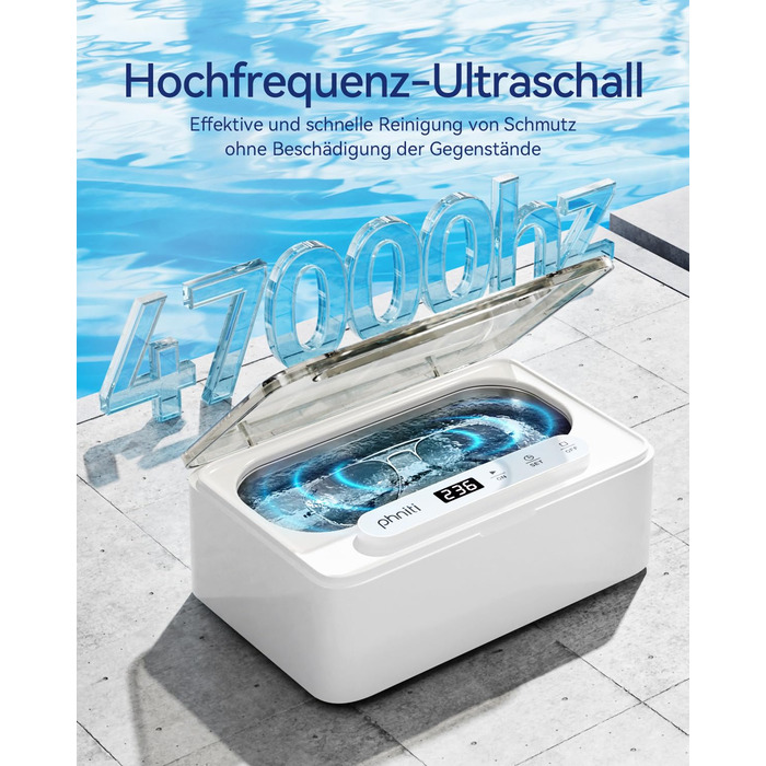 Ультразвуковий очисник Phniti 47 кГц: для окулярів, ювелірних виробів, зубних протезів. 3 режими, портативний, 330 мл, білий