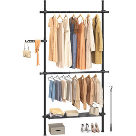 SONGMICS Telescopic Rod Clothes Rack, 3-Tier Wardrobe, Height and Width Adjustable, Open Closet with 2 Clothes Rods and Removable Shelf, Gripper Arm, Matte Black HSR136B01