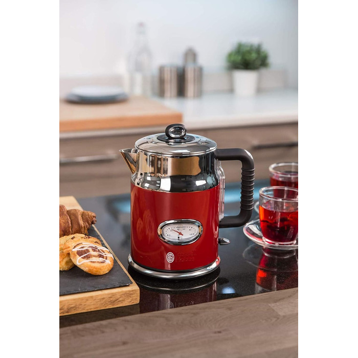 Russell Hobbs Kettle [1.7l, 2400W] Retro Red & Polished Stainless Steel (Quick Boil Function, Water Temperature Indicator in Retro Design, External Water Level Indicator) Vintage Tea Kettle 21670-70