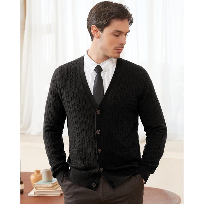 Чоловічий кардиган Kallspin з в'язаного з мікрофібри з косими візерунками, з ґудзиками та кишенями (S, Чорний)