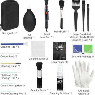 Набір для чищення камери 20-в-1: об'єктиви, фільтри, смартфони. Комплектація: стік, щітка, повітряний дмухник, мікрофібра.