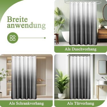 Шторка для душу AooHome 180x200 см, текстиль, сіра. Водостійка, з градієнтом кольору, антигрибкова, з 12 кільцями. Підходить для ванної кімнати.