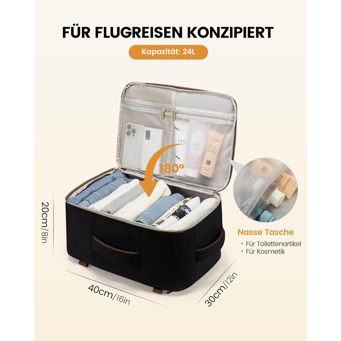 Рюкзак для ручної поклажі Ryanair Lovevook 45x36x20, 32L, Anti-Diebstahl, для жінок та чоловіків, підходить для Eurowings, Wizz Air (40x30x20cm, Чорний+бежевий+каштановий)