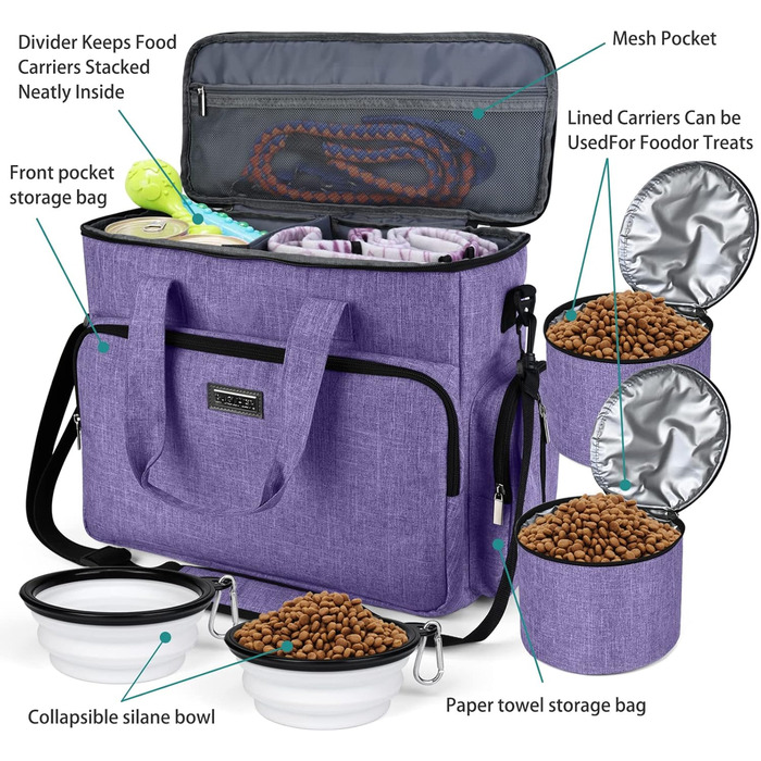 Сумка-переноска для собак та котів BAGLHER, фіолетовий L. З набором для подорожей: 2 контейнери для їжі та 2 складні миски. Дозволена авіакомпаніями.
