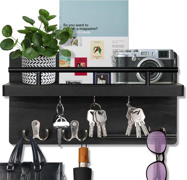 Настінна вішалка для ключів на 5 гачків, дерев'яна дошка для ключів з полицею, настінний органайзер для ключів, рустикальна вішалка для ключів, органайзер для ключів, декор для дому (чорний)