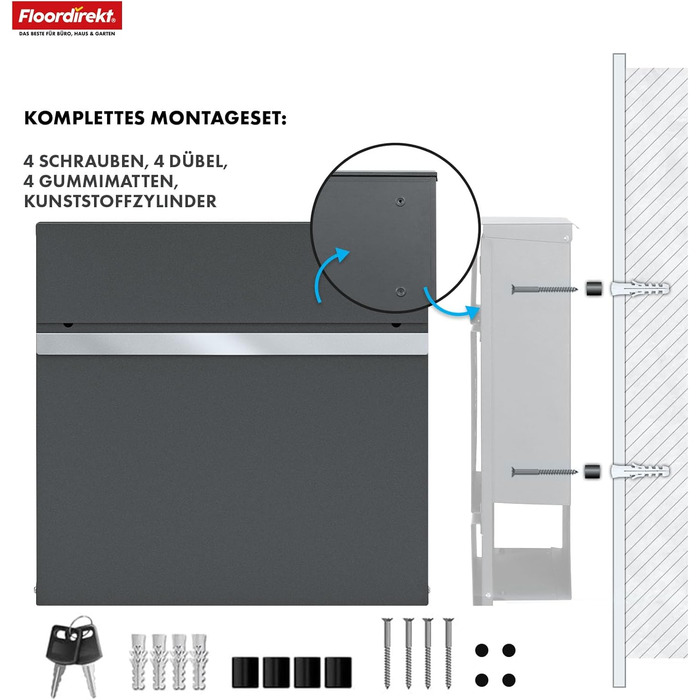 Поштовий ящик Floordirekt Gaston антрацит з газетницею та замком, сучасний, з кришкою та великим отвором для листів