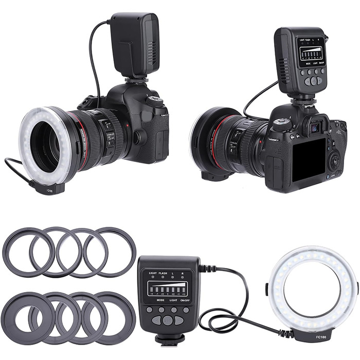 VBESTLIFE FC-100 LED-кільцеве світло для фотостудії, універсальне, 5000K, 7 рівнів регулювання, адаптери 40.5-77 мм