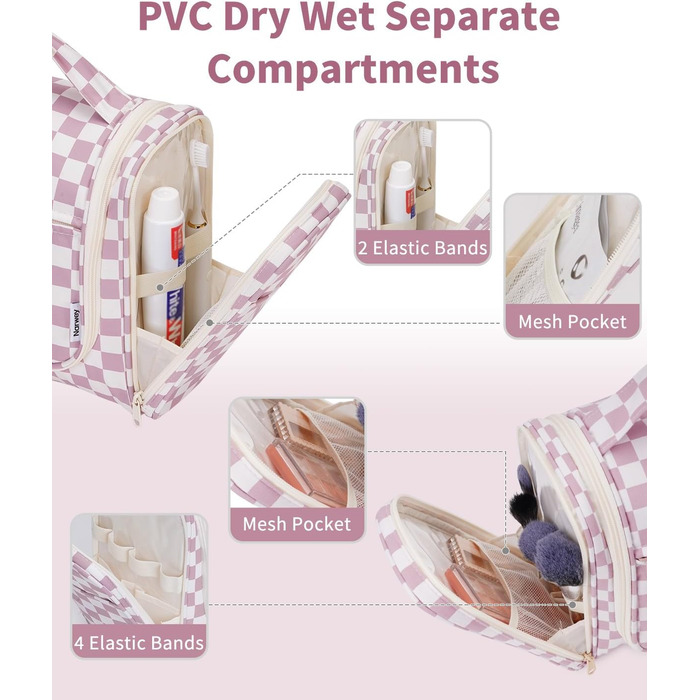 Сумка для косметики жіноча та чоловіча на блискавці, підвісна, водонепроникна (блакитний лист, сітка рожева)
