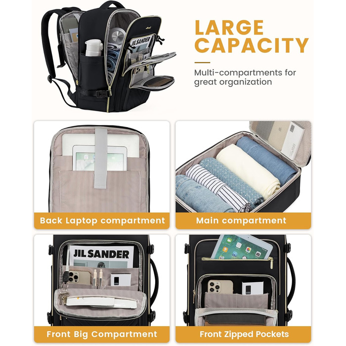 LOVEVOOK Рюкзак для ручної поклажі, 40L, водонепроникний, для ноутбука 17 дюймів, чорний, для подорожей та бізнесу