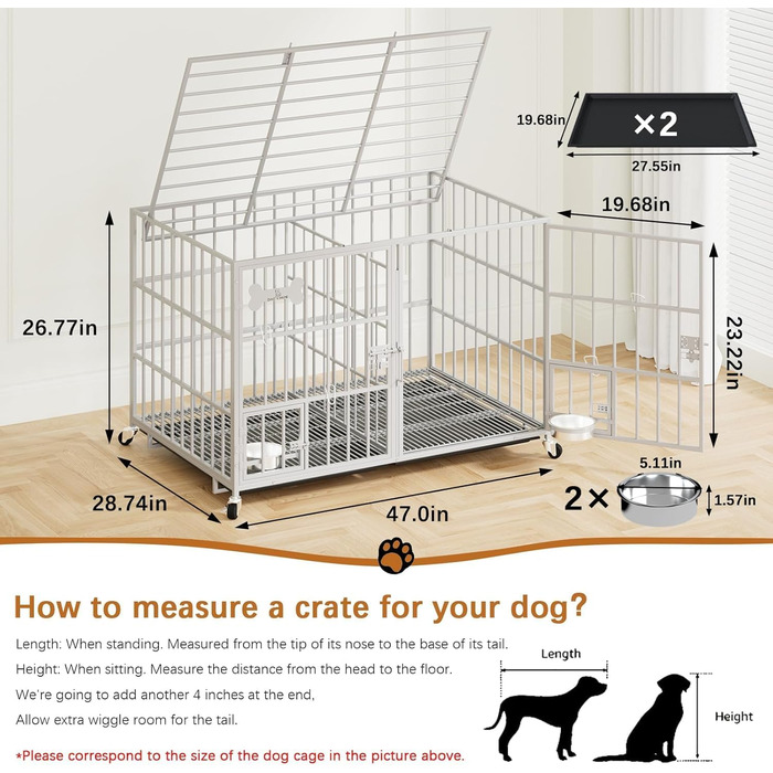 Клітка для собак велика та середня, 2 в 1 з роздільником, з піддоном, 120 x 73 x 68 см (XL, срібна)