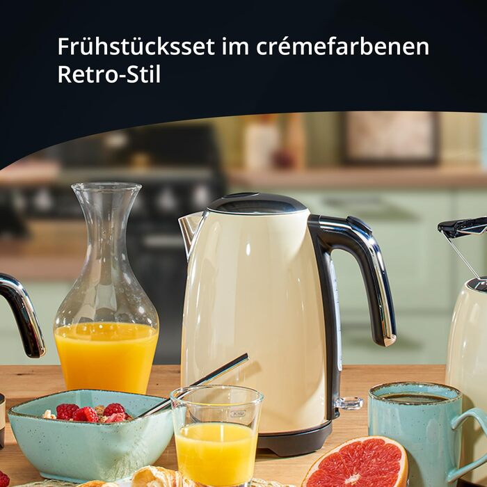 Набір для сніданку KHG: чайник та тостер, кремово-бежевий, ретро-дизайн, 1.7 л, 2 тости, 360° обертання, кнопка відкривання, індикатор, регулювання ступеня підсмажування, функції підігріву та розморожування