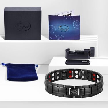 Браслет на магніті JEROOT для чоловіків, чорний титановий браслет з 4 елементами, подвійний ряд, браслет для здоров'я та енергії з високоякісною застібкою-складкою та знімачем ланок годинника (3500 гаус)