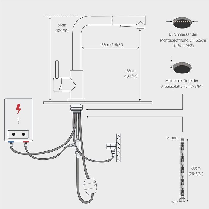 Змішувач кухонний DAYONE з висувною лійкою, нержавіюча сталь, 3 режими, поворотний на 360°, для кухонної мийки (15 см), матовий чорний