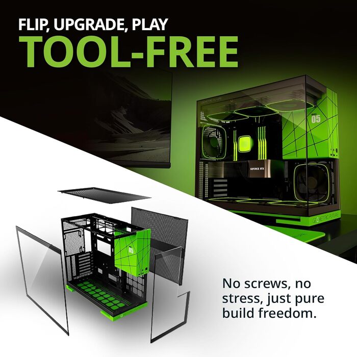 Корпус для ПК Geometric Future M5 з загартованим склом, Mid Tower, E-ATX/ATX, для геймінгу, сталь 1.2 мм, Type C, без інструментів, підтримка радіатора 420/360, подвійний відсік, чорний/зелений, GEO-M5-BNY Black/Green Glass ver