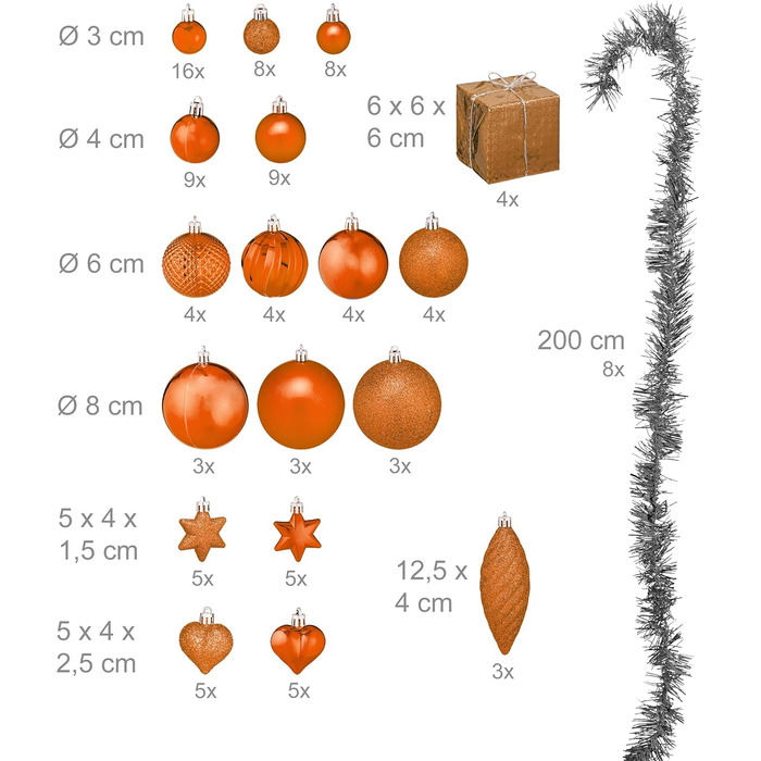 Набір прикрас для ялинки Relaxdays 110 шт., пластикові кулі та гірлянди, новорічний декор