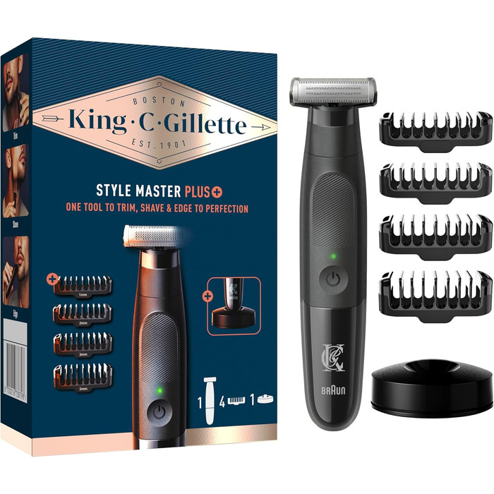 King C. Gillette Barttrimmer Style Master Plus: бездротовий триммер для бороди з технологією CenterCut, 4 насадки, чорний