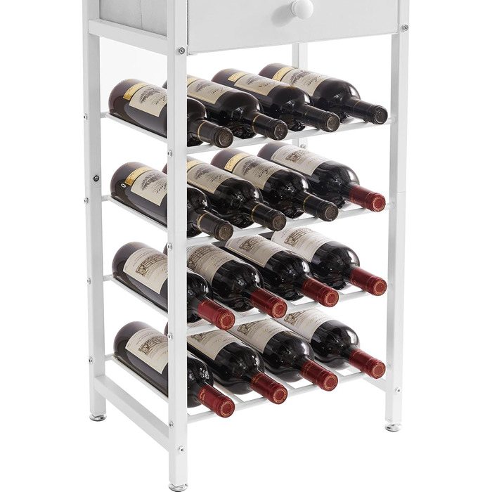 IBUYKE Wine Rack, 4-Tier Freestanding Wine Rack with Glass Holder and Drawer, 16 Bottle Rack Countertop Wine Rack with Tabletop Storage, for Kitchen, Bar, Dining Room, White TMJ905W