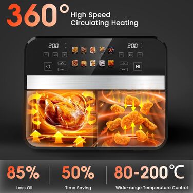 Фритюрниця повітряна KAITOL Dual Zone 10L, 2400W з подвійними зонами, 10 програм, цифровим дисплеєм, антипригарним покриттям, функціями розморожування та випікання, чорного кольору