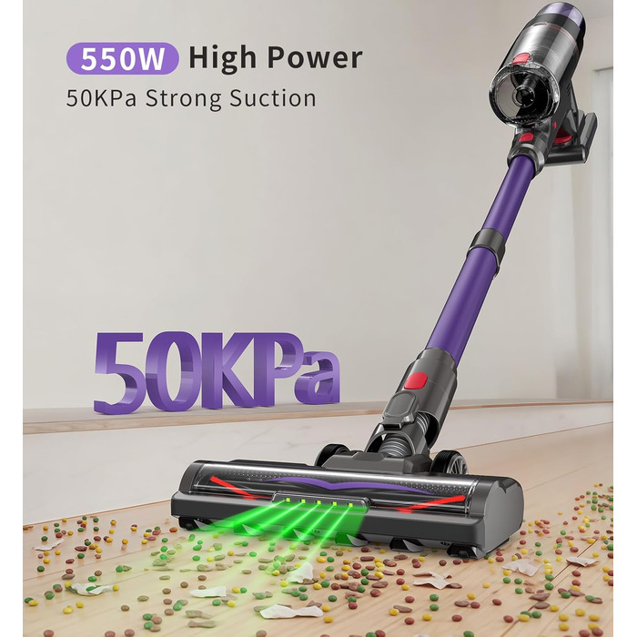 Бездротовий акумуляторний пилосос 550W, потужність 50Kpa, без мішка, з сенсорним екраном, антинамотування, для килимів, твердих поверхонь, авто