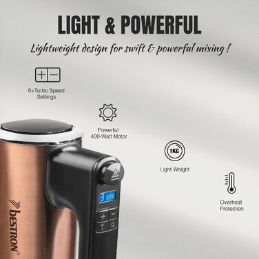 Міксер ручний Bestron Power з 6 рівнями потужності, Turbo-функцією та LCD-дисплеєм. В комплекті: 2 вінчики та 2 гаки для тіста. Легкий (1 кг), колір: мідний