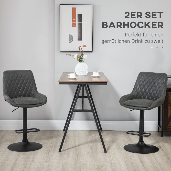 HOMCOM 2-Piece Adjustable Height Bar Stool Set with Backrest, Faux Leather Dark Grey for Bar and Kitchen