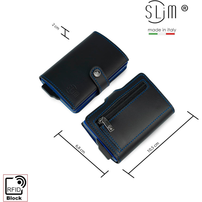SLim жіноче та чоловіче портмоне - картхолдер з відділенням для монет та RFID захистом, Made in Italy (Чорний та Синій)