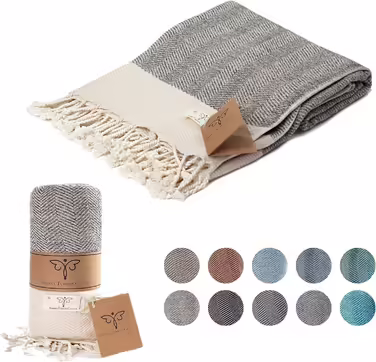 Smyrna Turkish 100% Cotton Herringbone Throw Blanket | Best Quality | Large 127x152cm Cozy Blanket | Made in Turkey | Machine Washable | Premium Luxury Bath Towel & Picnic Blanket - (152 x 205 cm, Beige)