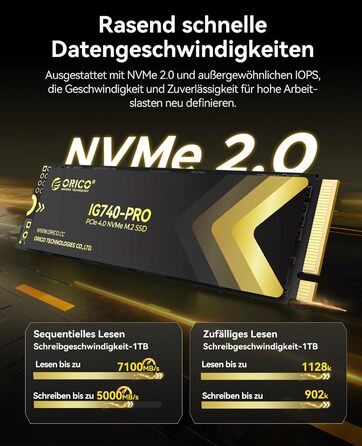 SSD Orico 1TB M.2 NVMe PCIe 4.0 (IG740PRO) - Швидкість до 7100 МБ/с, TLC 3D NAND, з радіатором, для ПК, ноутбука, PS5