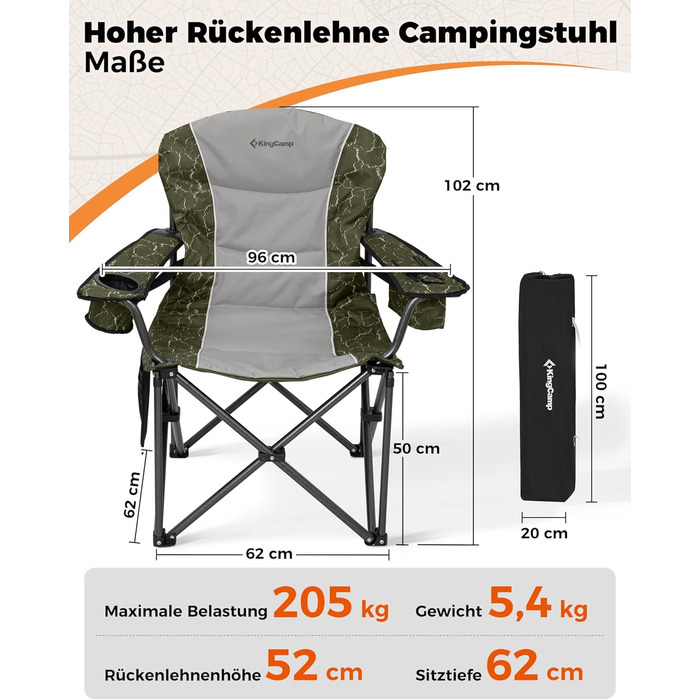 Крісло для кемпінгу KingCamp XXL, 205 кг, розкладне, з підлокітниками та регульованою спинкою, з кишенею для напоїв та сумкою-холодильником, зелене, сучасний дизайн (2 шт)