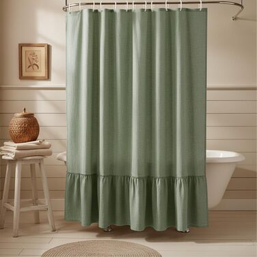 Штора для душу 180x180 см льон, зелена - водонепроникна, з антигрибковим покриттям, з утяжеленим краєм, з кільцями (1 шт)