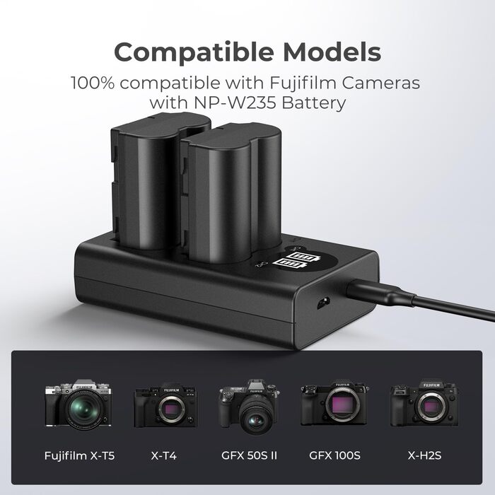 Зарядний пристрій K&F CONCEPT NP-W235 з LED-дисплеєм, Dual Slot, Micro USB та Type-C, сумісний з Fujifilm X-T5, X-T4, GFX 100S, X-H2S, GFX 50S II, VG-XT4. Підтримка передачі даних.