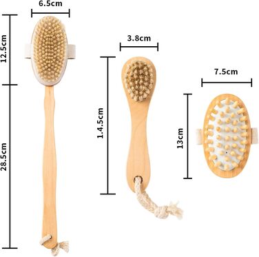 Щітка для пілінгу Uervoton, суха щітка з натуральної щетини Tampico, для проблемної шкіри, целюліту та набряків, покращує кровообіг, з сумкою для зберігання (3 шт.)