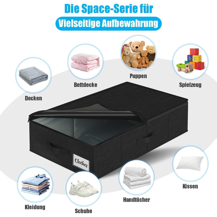 Коробки для зберігання під ліжко з кришкою, 2 шт, складані, для одягу та ковдр, 76x38x17 см (Чорний)