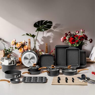 Набір каструль та сковорідок DishDelight 30 предметів з антипригарним покриттям, гранітне покриття, з кришками, зелений (чорний)