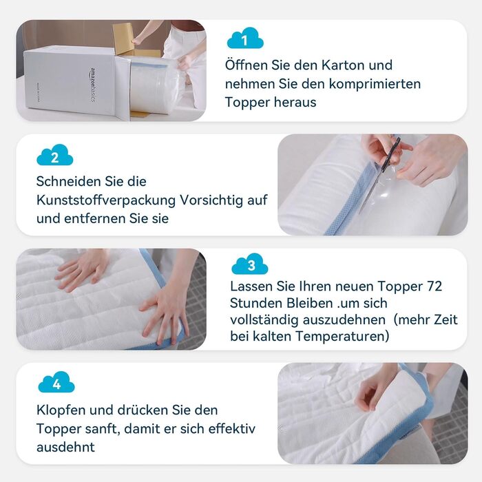 Amazon Basics Memory Foam Mattress Topper with Straps, 140 x 200 cm, 5 cm Height, White