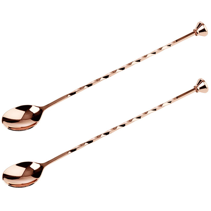 Набір барних ложок з маслювачем (штофлером), полірована мідь, 27 см, 2 шт — професійні коктейльні ложки з гвинтовим стержнем