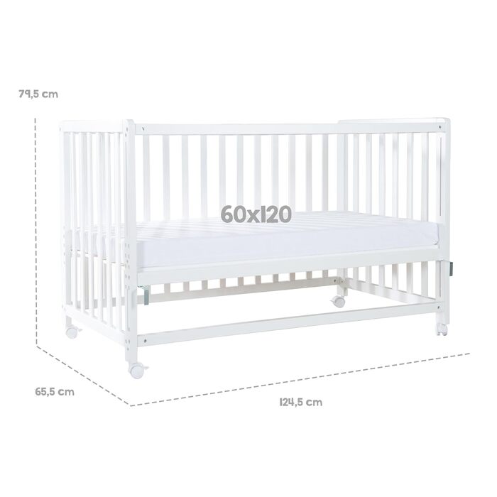 Дитяче ліжечко-колиска roba 60x120 см Jumbotwins, дерев'яне, з матрацом, постільною білизною та балдахіном, дизайн із слониками, мобільне, регульоване по висоті