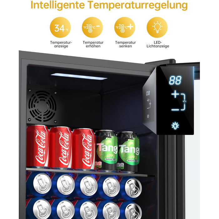 Міні-холодильник для напоїв WIE з подвійними скляними дверцятами, регульованими полицями, 86 літрів, 120 банок, для соди/пива, для дому/кухні/бару/офісу