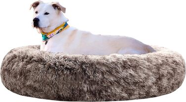 Крісло-гніздо для собак XXXL, кругле, знімний, пральний чохол, анти-тривожне, штучне хутро, м'яке, зручне, пухнасте ліжко для домашніх тварин (115 см, коричневе)