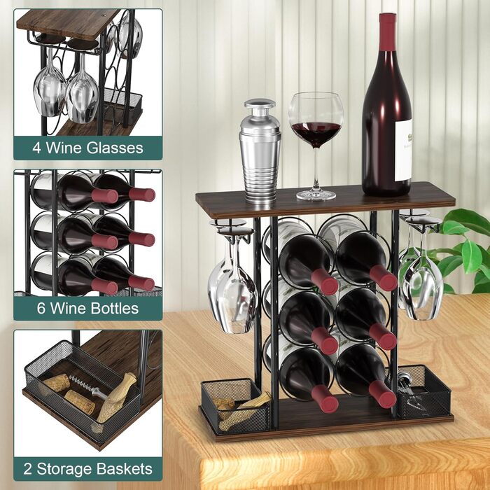 VyGrow Wine Rack with 3 Tiers, Wood and Metal, Easy to Assemble, for 6 Bottles and 4 Glasses at Home, 16 x 41 x 40.2 cm