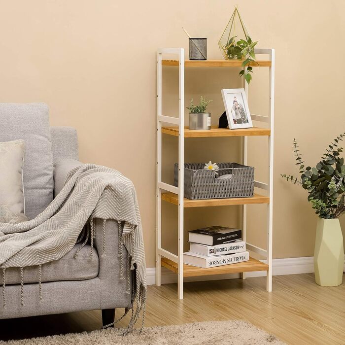 SONGMICS Bamboo Shelf, Kitchen Shelf, Bathroom Shelf, Bookshelf, Freestanding Shelf with 4 Shelves, 45 x 31.5 x 111 cm, for Bathroom, Kitchen, Living Room, Bedroom, Balcony, Natural White BCB74WN