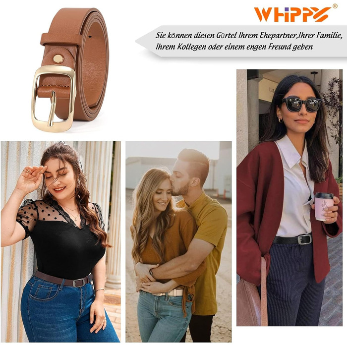Жіночий шкіряний ремінь WHIPPY великого розміру, модний джинсовий ремінь з міцною пряжкою для джинсів, штанів, суконь (коричневий, золота пряжка, S:100см (підходить для талії 63-76см))