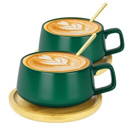 Набір кавових чашок капучіно з підставками, 4 шт. (320 мл) з кераміки, чорного кольору. Підходять для еспресо, капучіно та лате.